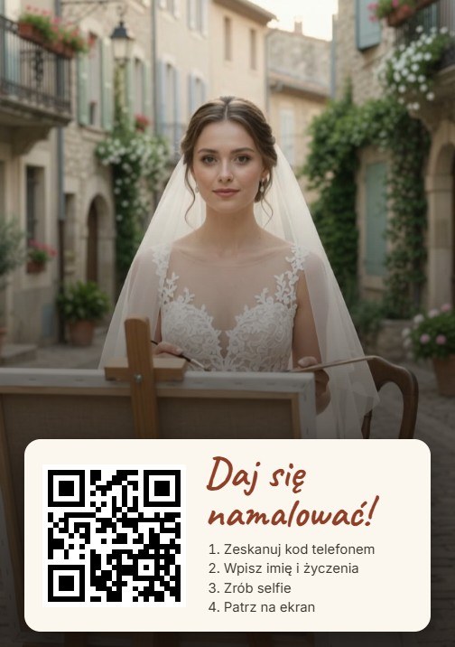 Portrait Live - malarka przy sztaludze i kod QR „Daj się namalować”